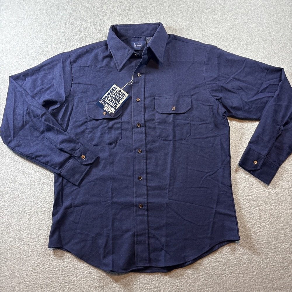 VTG SEARS Men's Navy Blue Flannel Long Sleeve Button Up Sz L 16-16.5 Classic 90s